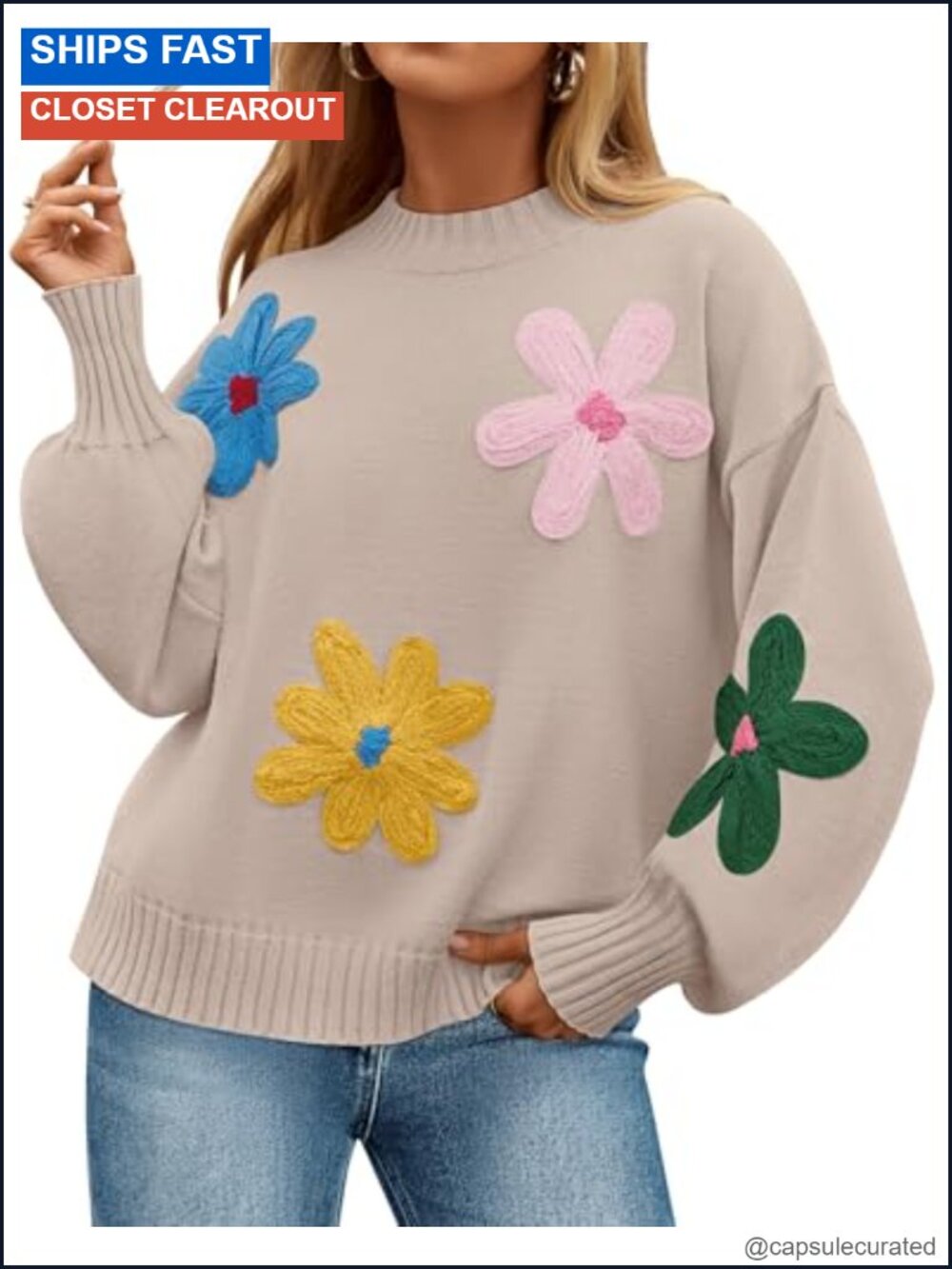 Womens Floral Knit Pullover Sweater Lantern Sleeve Crew Neck